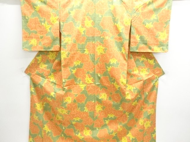 JAPANESE KIMONO / UNUSED TSUMUGI / WOVEN MAPLE & FLOWER 
